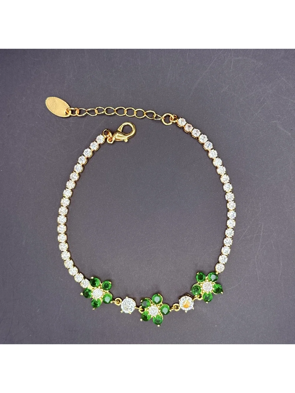 candy+clover green flower crystal tennis gold tone bracelet